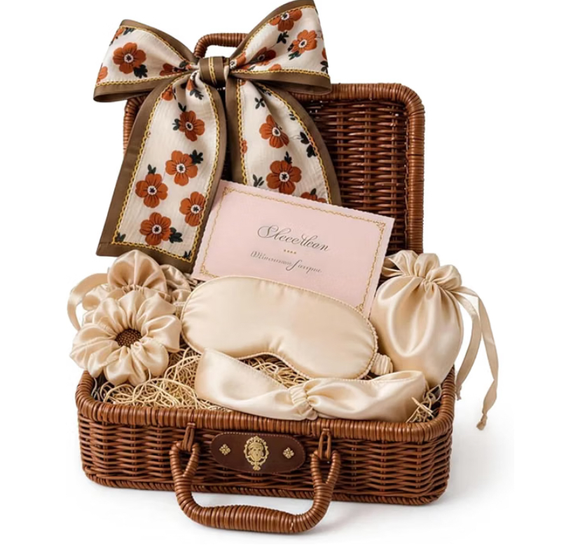 Woven Rattan Basket with Satin Self Care Kit & Floral Scarf