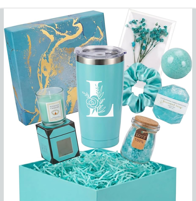 Women's Pretty Teal Initial Tumbler & Spa Bath Gift Box