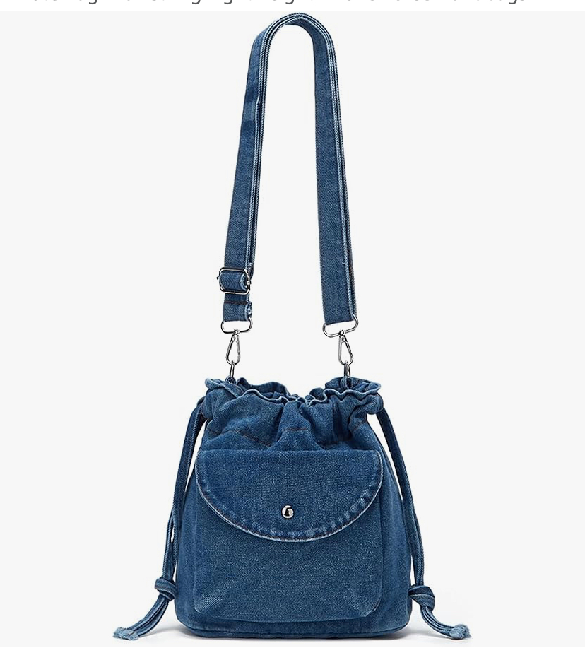 Cute Denim Drawstring Bucket Tote - 2 Denim Shades image