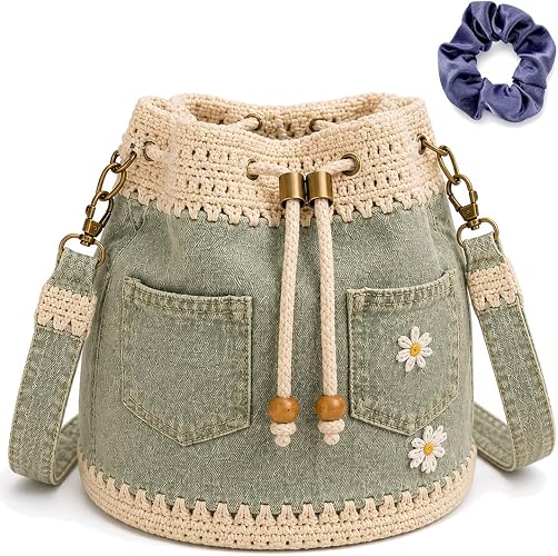 Adorable Crochet Drawstring Bucket Bag with Daisy Embroidery- 3 Bag Colors image
