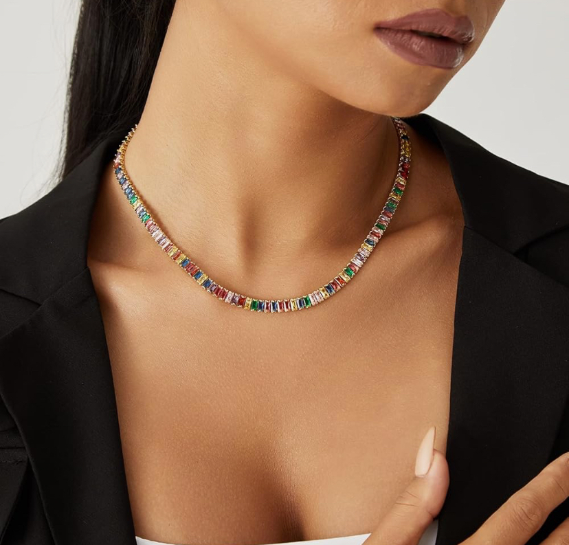 Baguette Tennis Chain Chunky Necklace - Silver, Gold, or Multicolor