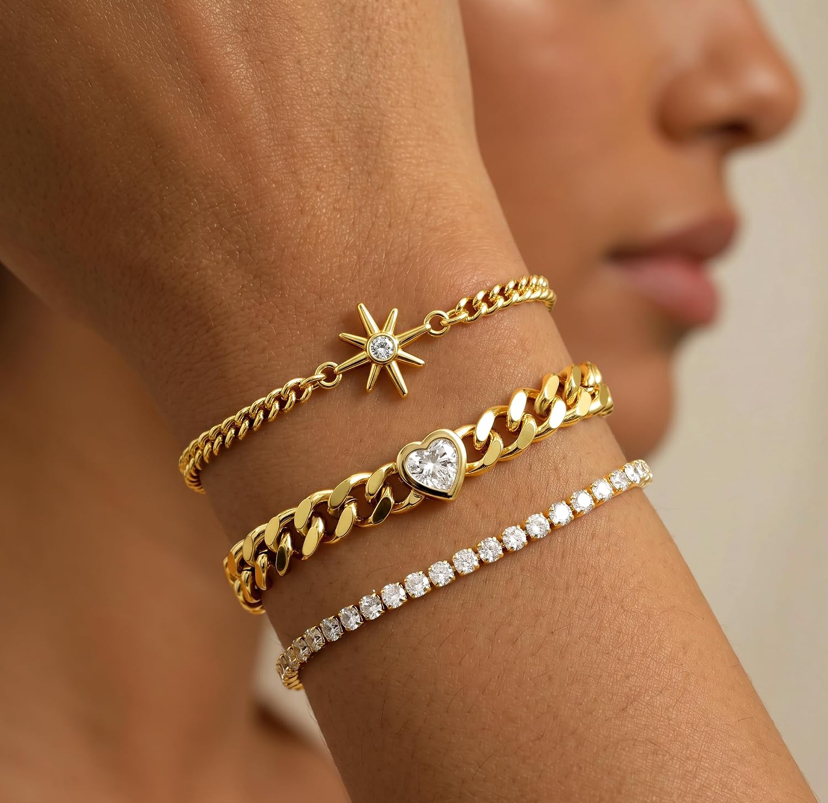 14K Gold Plated 3 Piece Sparkly Bracelets - Gold or Silver Set image