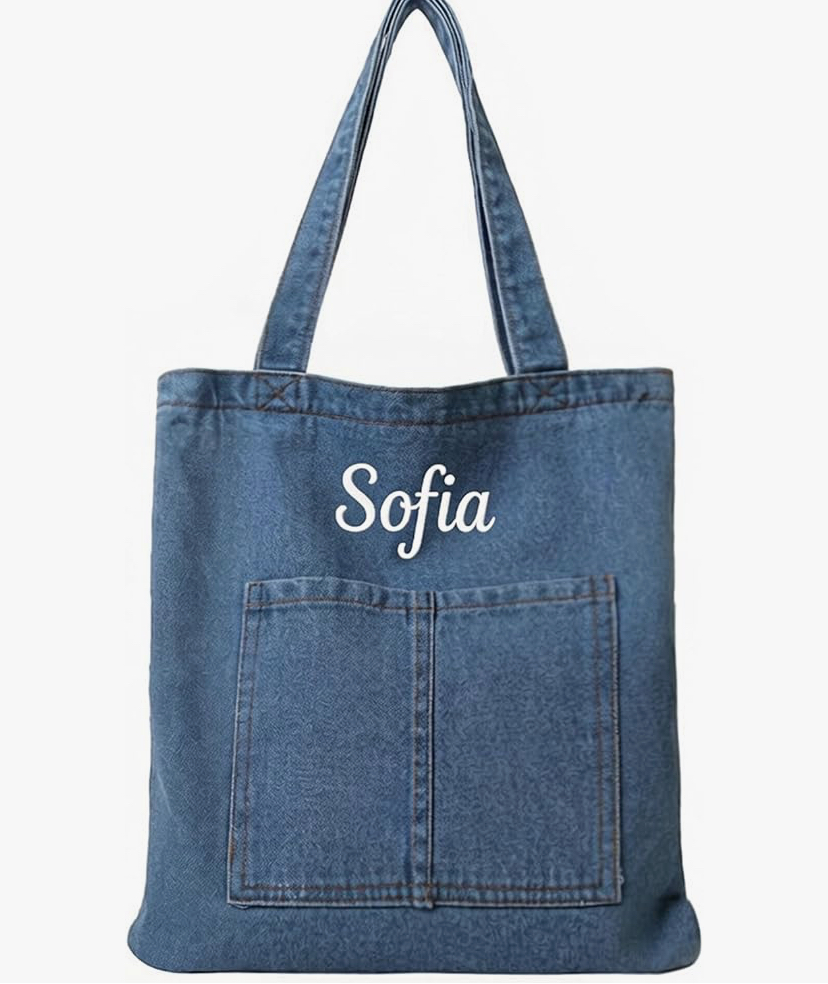 Personalized Denim Shoulder Tote Bag - Dark  Blue or Light Blue image