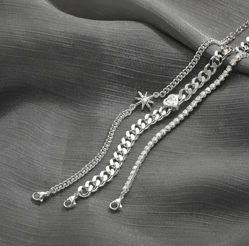 14K Gold Plated 3 Piece Sparkly Bracelets - Gold or Silver Set image
