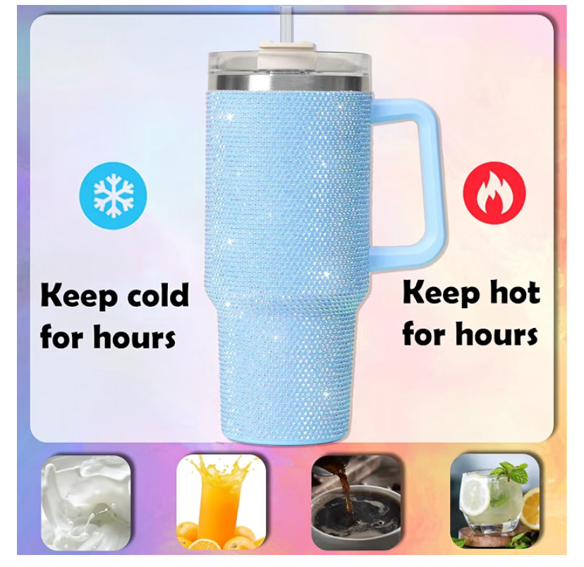 40oz Rhinestone Tumbler Set - Bling Stainless Steel with Handle, Includes Leakproof Lid,  2 Straws and 2 Brushes- 7 Colors image
