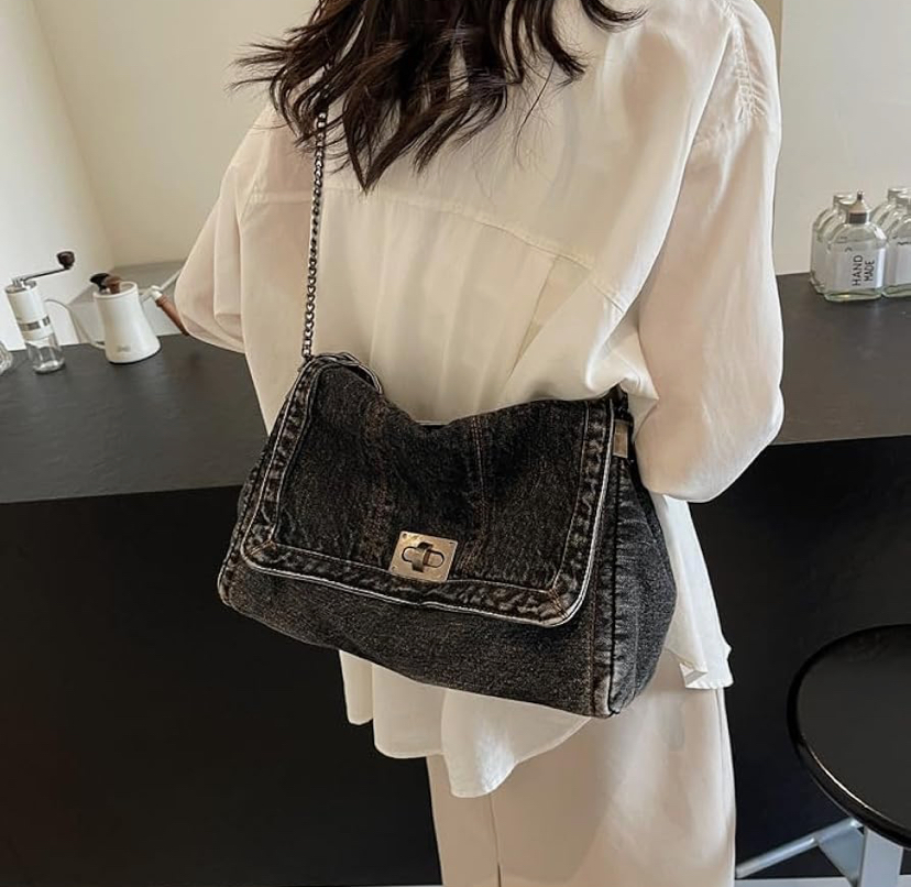 Trendy Denim Bag with Silver Hardware - 3 Shades of Denim image
