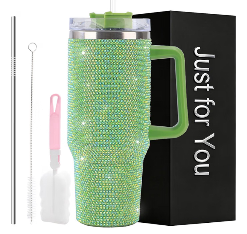 40oz Rhinestone Tumbler Set - Bling Stainless Steel with Handle, Includes Leakproof Lid,  2 Straws and 2 Brushes- 7 Colors image