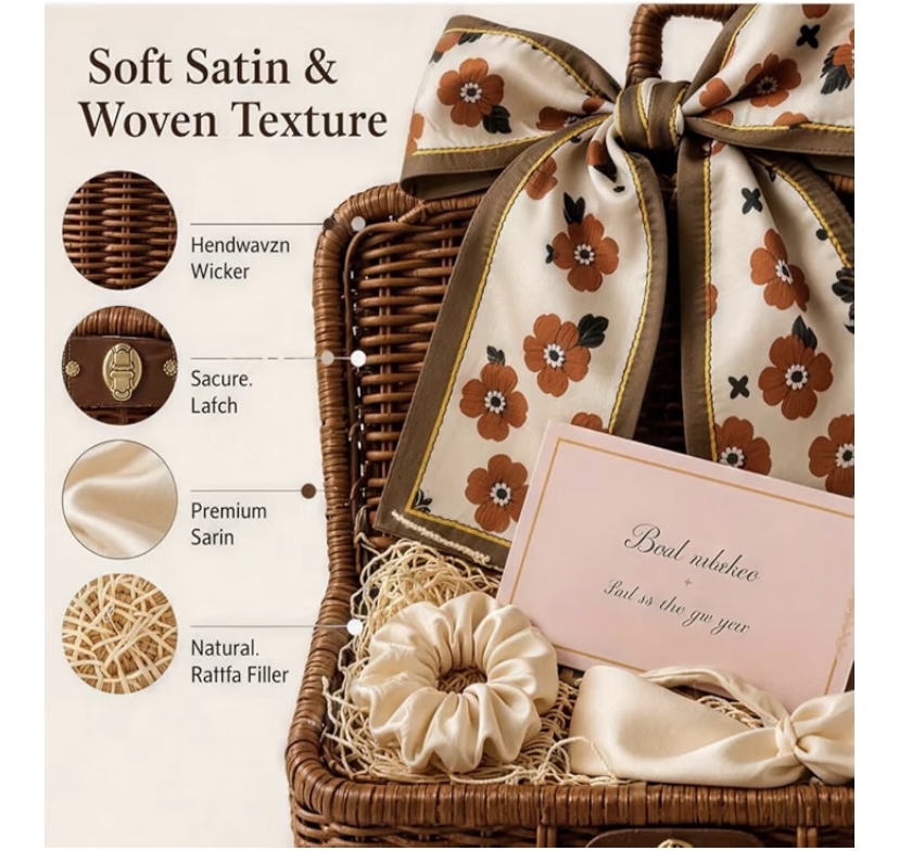 Woven Rattan Basket with Satin Self Care Kit & Floral Scarf image