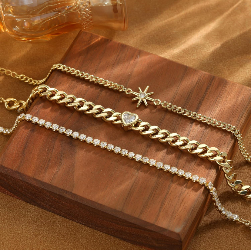 14K Gold Plated 3 Piece Sparkly Bracelets - Gold or Silver Set image