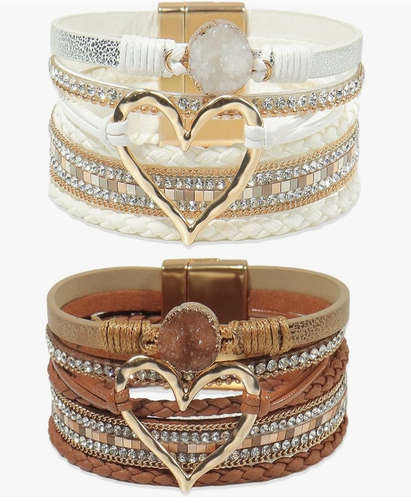 2 Pcs Boho Heart Bracelets Woven Leather - 9  Color Sets image