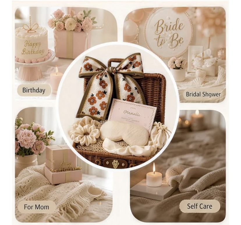 Woven Rattan Basket with Satin Self Care Kit & Floral Scarf image
