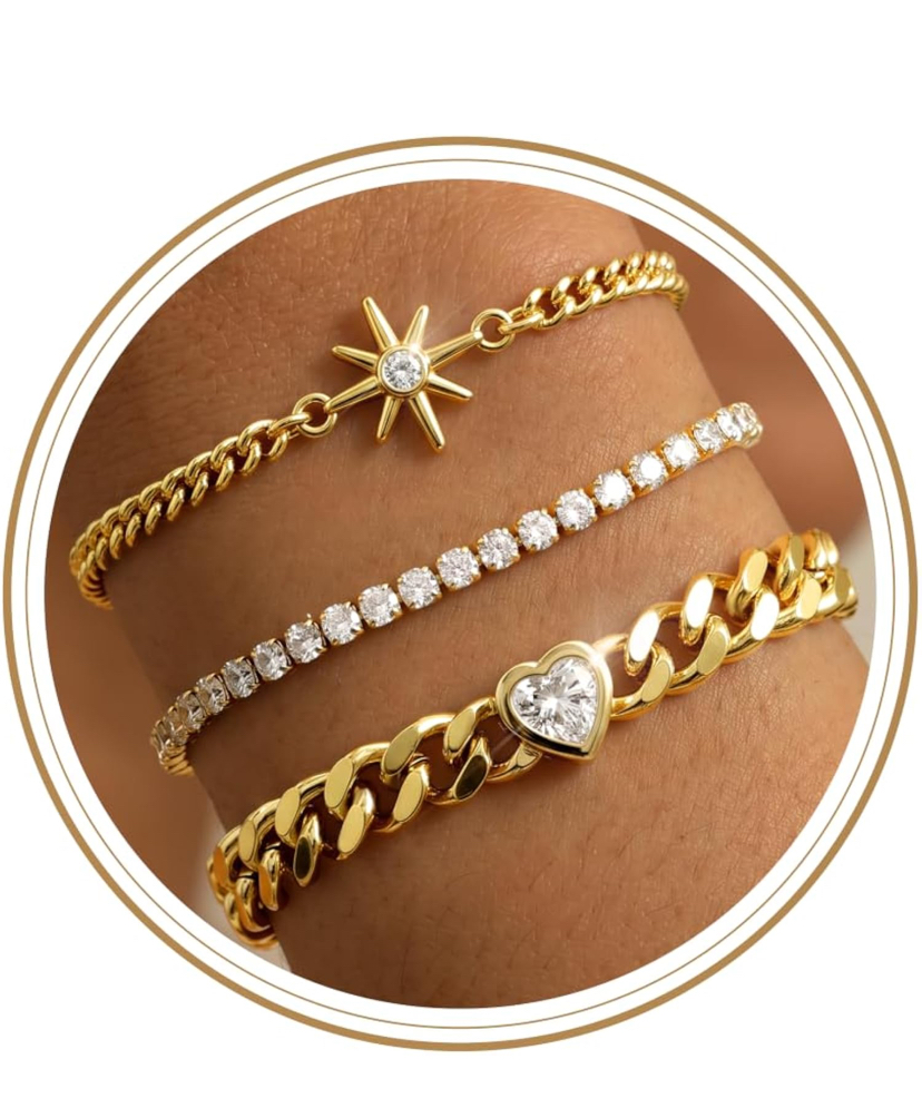 14K Gold Plated 3 Piece Sparkly Bracelets - Gold or Silver Set