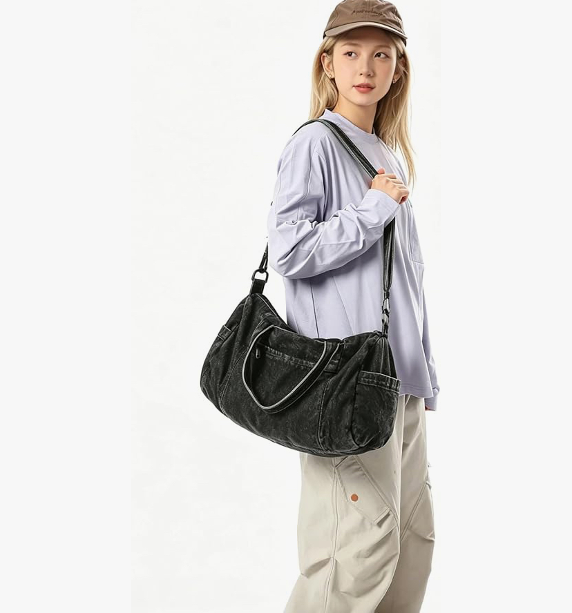 Denim Shoulder Bag, Classic Retro Travel Shopper Blue or Black image