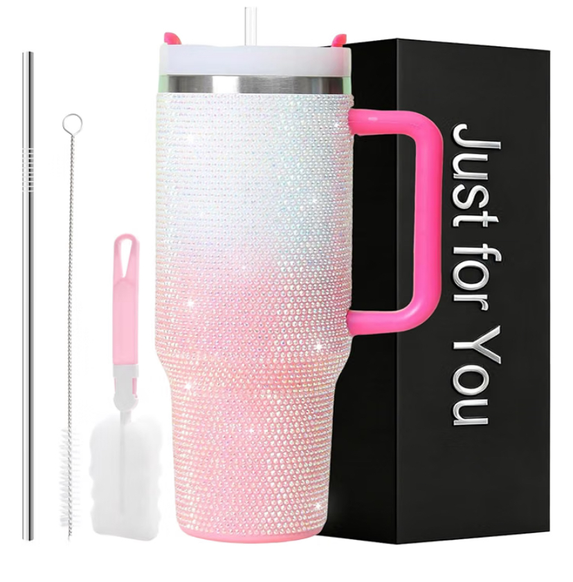 40oz Rhinestone Tumbler Set - Bling Stainless Steel with Handle, Includes Leakproof Lid,  2 Straws and 2 Brushes- 7 Colors image