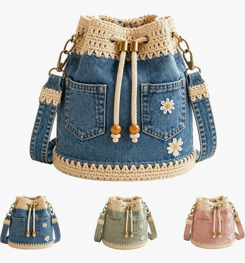 Adorable Crochet Drawstring Bucket Bag with Daisy Embroidery- 3 Bag Colors
