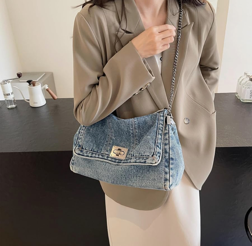 Trendy Denim Bag with Silver Hardware - 3 Shades of Denim image
