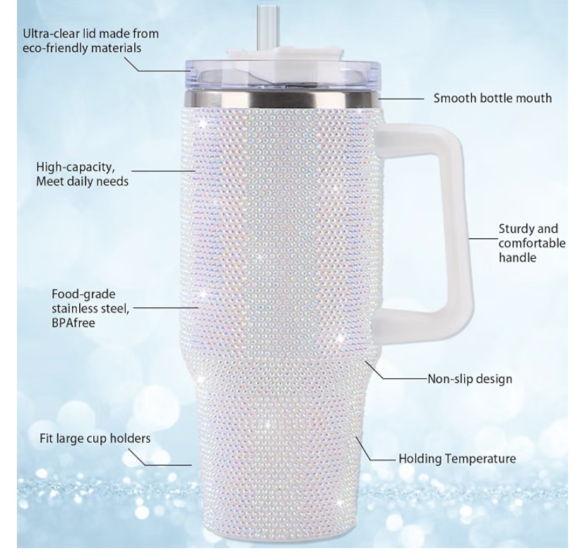 40oz Rhinestone Tumbler Set - Bling Stainless Steel with Handle, Includes Leakproof Lid,  2 Straws and 2 Brushes- 7 Colors image