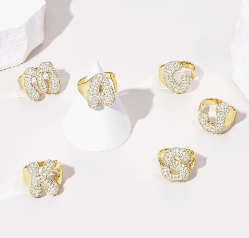 14K Gold Plated Bubble 3D CZ Letter Ring