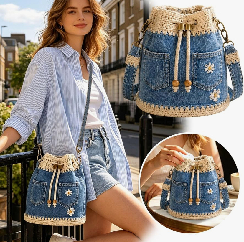 Adorable Crochet Drawstring Bucket Bag with Daisy Embroidery- 3 Bag Colors image