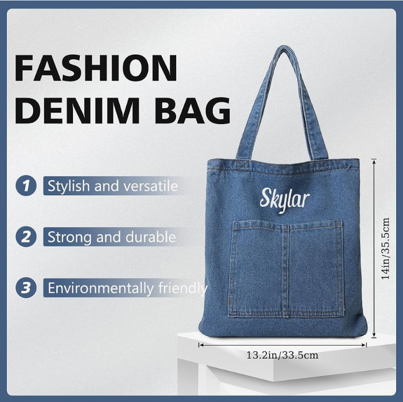 Personalized Denim Shoulder Tote Bag - Dark  Blue or Light Blue image