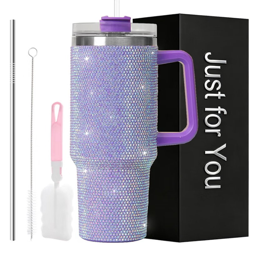 40oz Rhinestone Tumbler Set - Bling Stainless Steel with Handle, Includes Leakproof Lid,  2 Straws and 2 Brushes- 7 Colors image