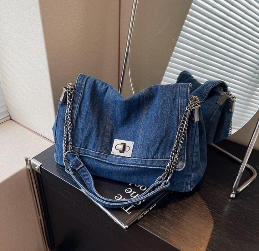 Trendy Denim Bag with Silver Hardware - 3 Shades of Denim image