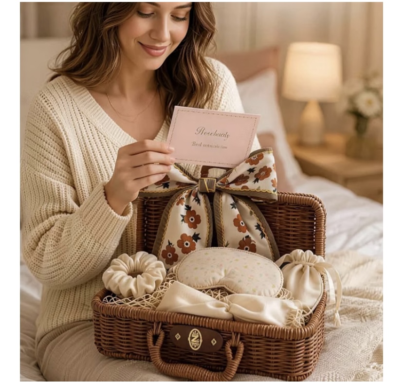 Woven Rattan Basket with Satin Self Care Kit & Floral Scarf image
