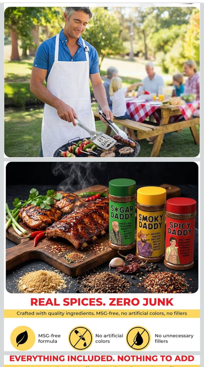Dad BBQ Gift Set - 3 Bold Barbecue Rubs + Grill Spatula & Tongs image