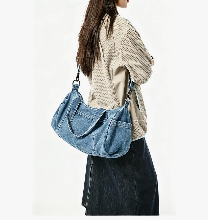Denim Shoulder Bag, Classic Retro Travel Shopper Blue or Black image
