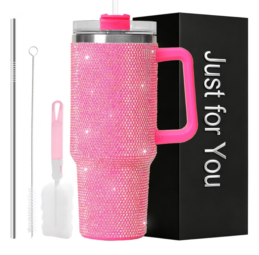 40oz Rhinestone Tumbler Set - Bling Stainless Steel with Handle, Includes Leakproof Lid,  2 Straws and 2 Brushes- 7 Colors image