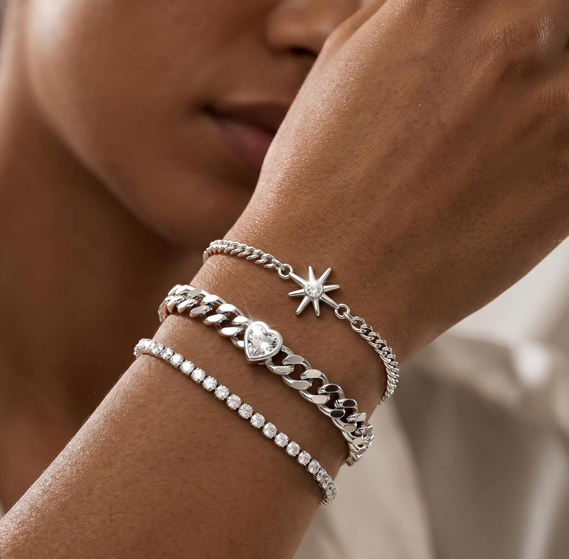 14K Gold Plated 3 Piece Sparkly Bracelets - Gold or Silver Set image
