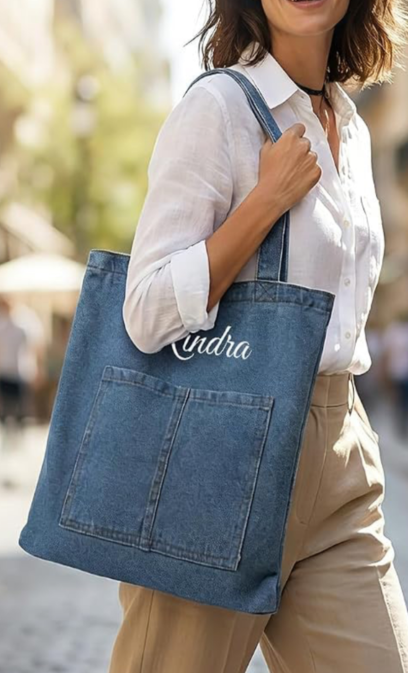 Personalized Denim Shoulder Tote Bag - Dark  Blue or Light Blue image