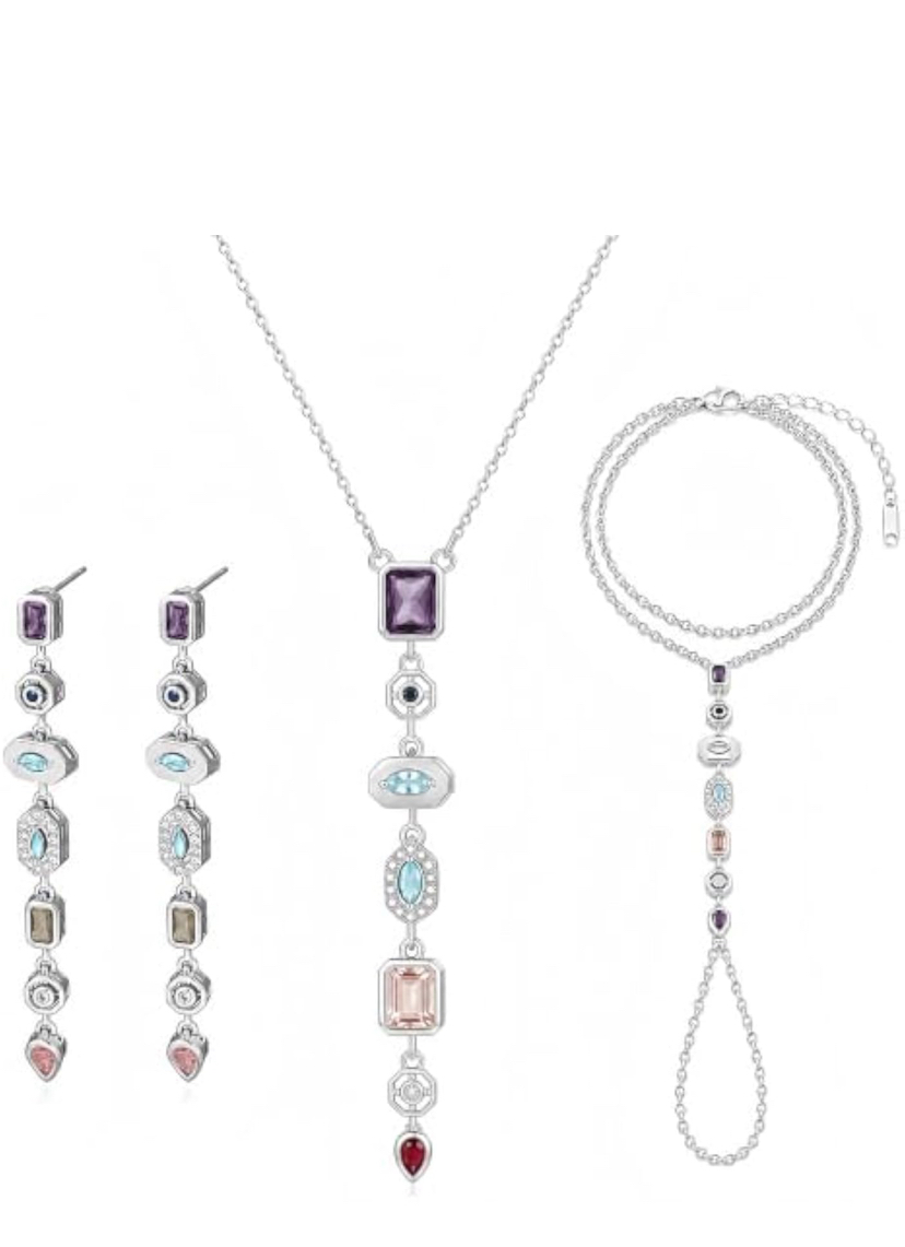 3-Piece Colorful Necklace, Long Dangle Earrings & Hand Chain Bracelet Gold Tone or Silver image