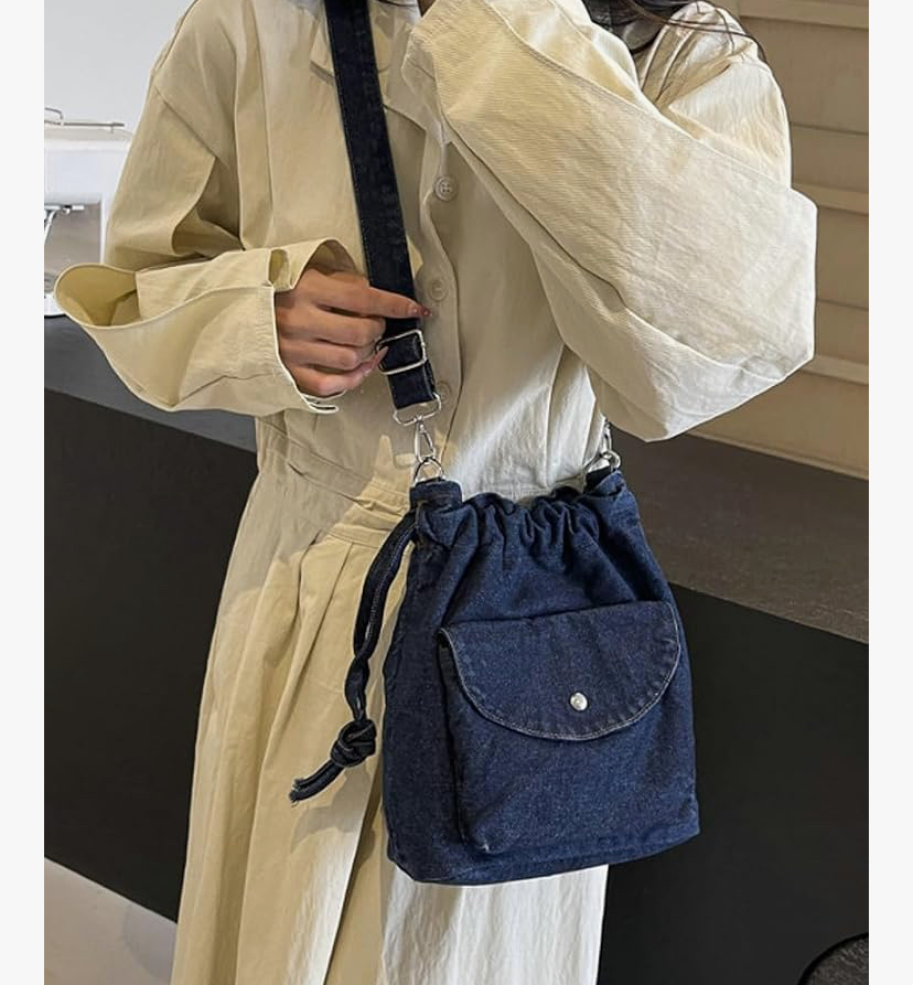 Cute Denim Drawstring Bucket Tote - 2 Denim Shades image