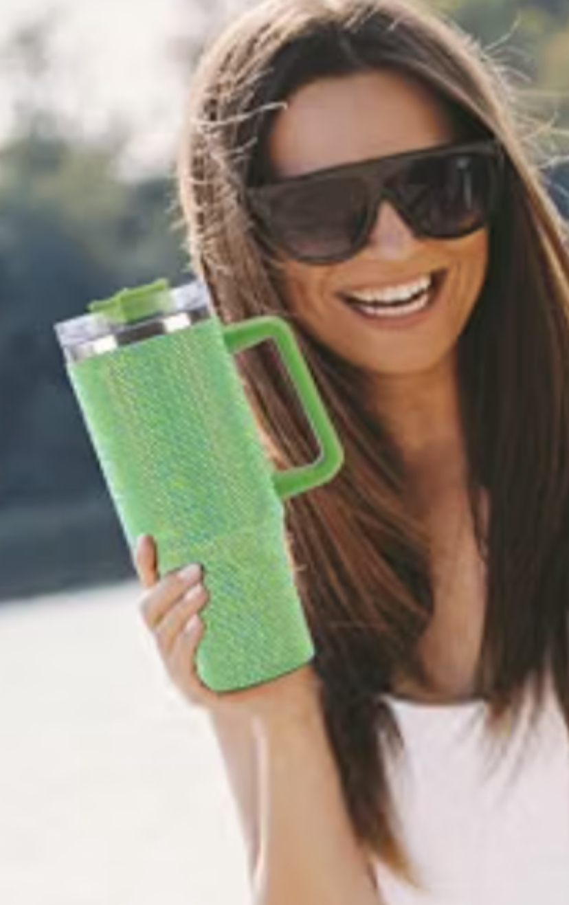 40oz Rhinestone Tumbler Set - Bling Stainless Steel with Handle, Includes Leakproof Lid,  2 Straws and 2 Brushes- 7 Colors image