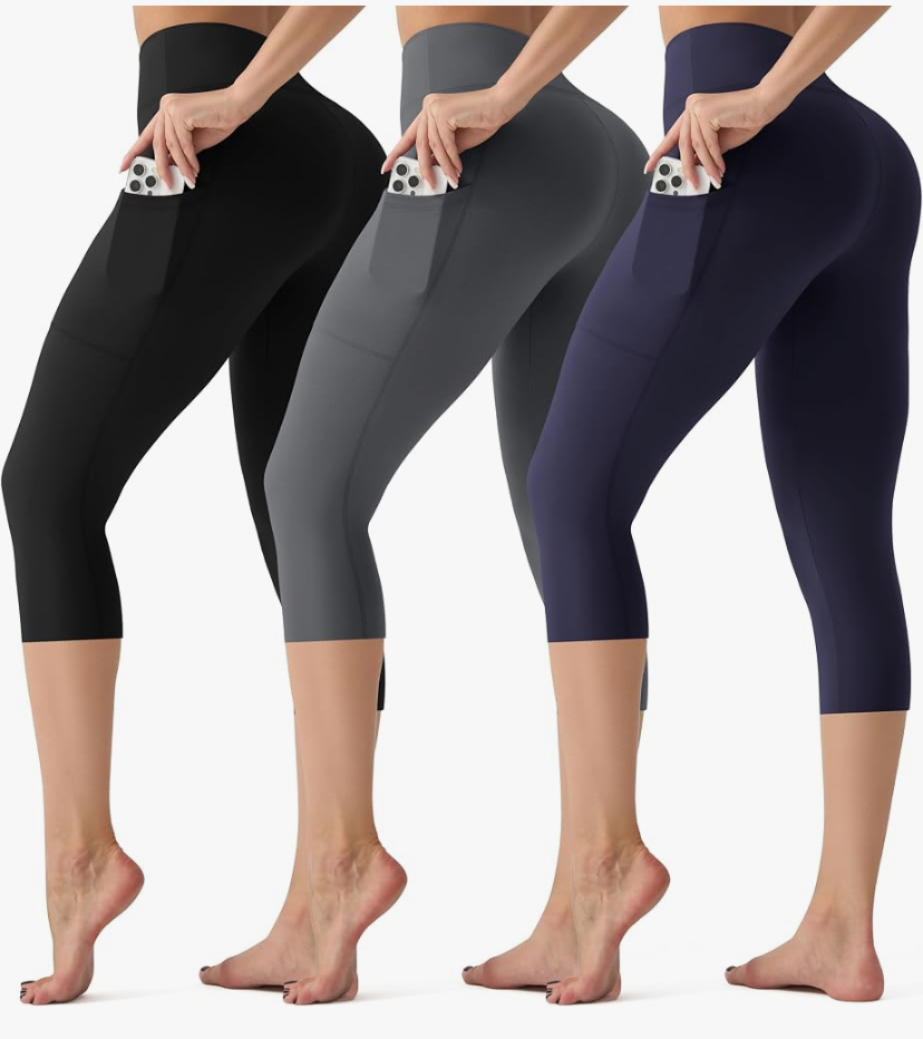 3 Pack Capri Leggings with Pockets - High Waisted Tummy Control - 9 Color Sets image
