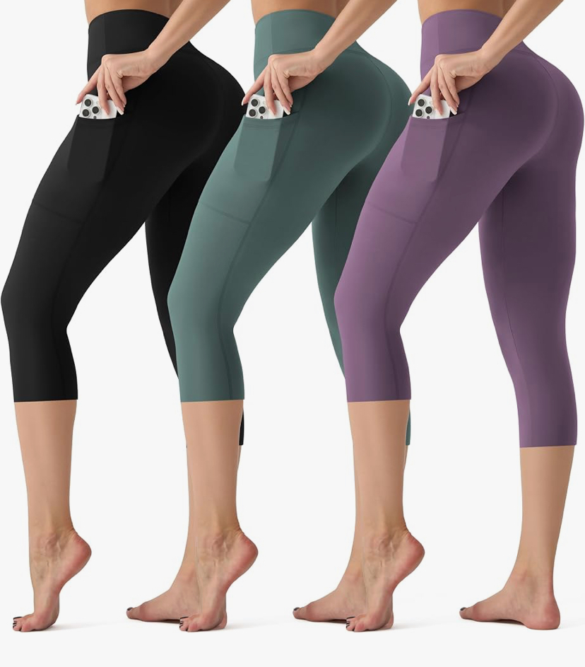 3 Pack Capri Leggings with Pockets - High Waisted Tummy Control - 9 Color Sets image