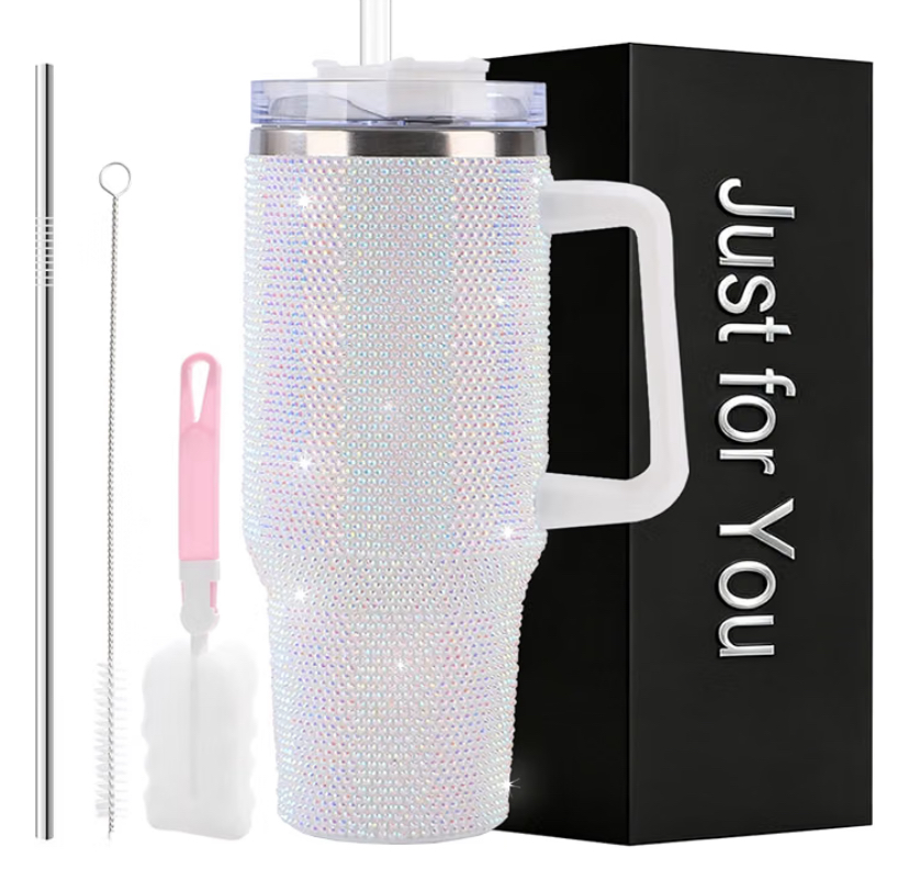 40oz Rhinestone Tumbler Set - Bling Stainless Steel with Handle, Includes Leakproof Lid,  2 Straws and 2 Brushes- 7 Colors image