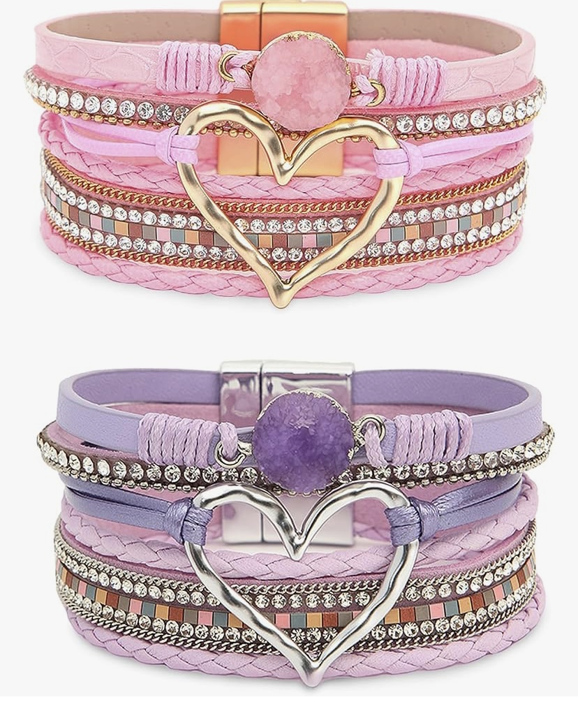 2 Pcs Boho Heart Bracelets Woven Leather - 9  Color Sets