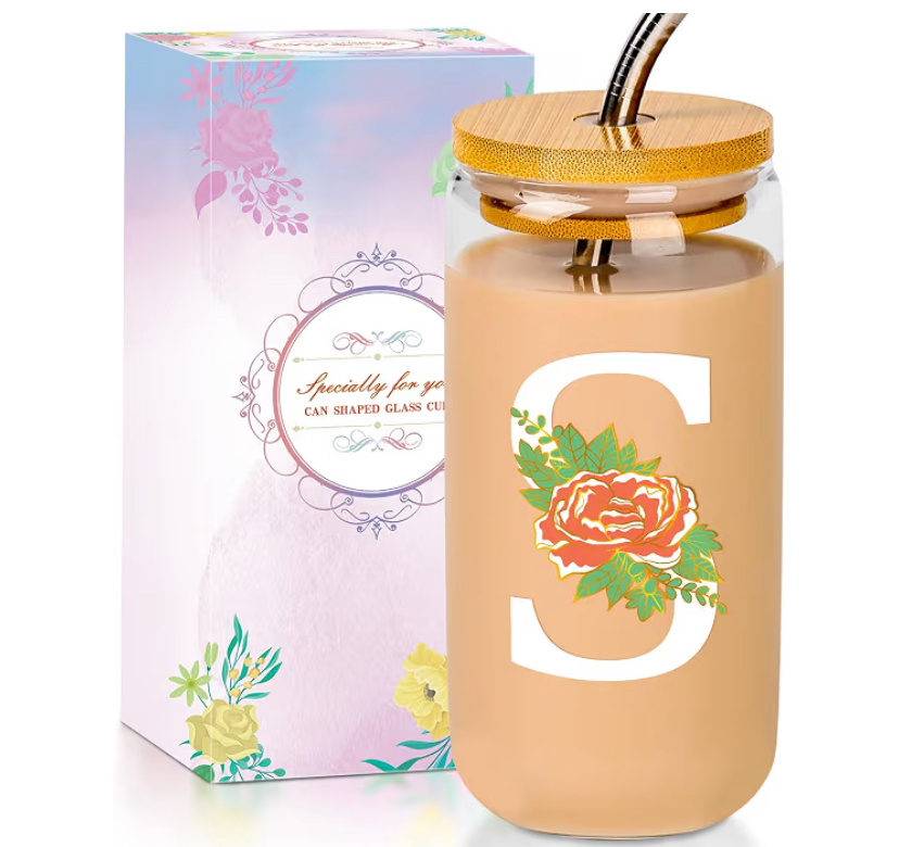16oz Initial Glass Cup with Lid and Straw image
