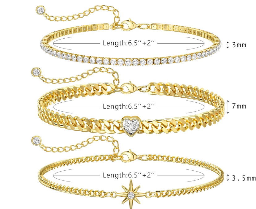 14K Gold Plated 3 Piece Sparkly Bracelets - Gold or Silver Set image