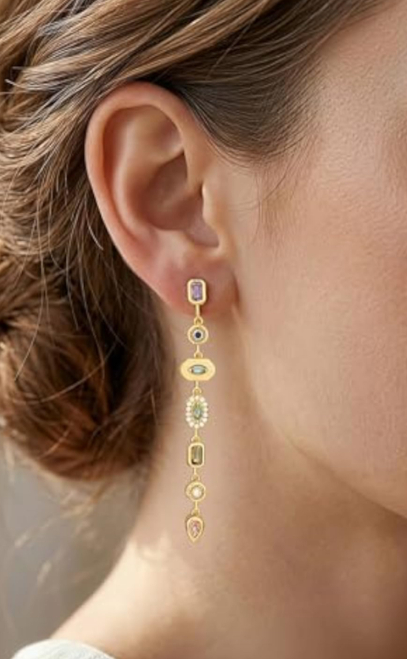 3-Piece Colorful Necklace, Long Dangle Earrings & Hand Chain Bracelet Gold Tone or Silver image