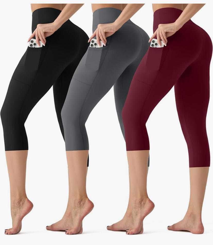 3 Pack Capri Leggings with Pockets - High Waisted Tummy Control - 9 Color Sets image