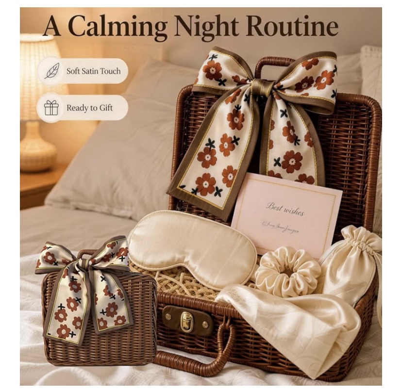 Woven Rattan Basket with Satin Self Care Kit & Floral Scarf image