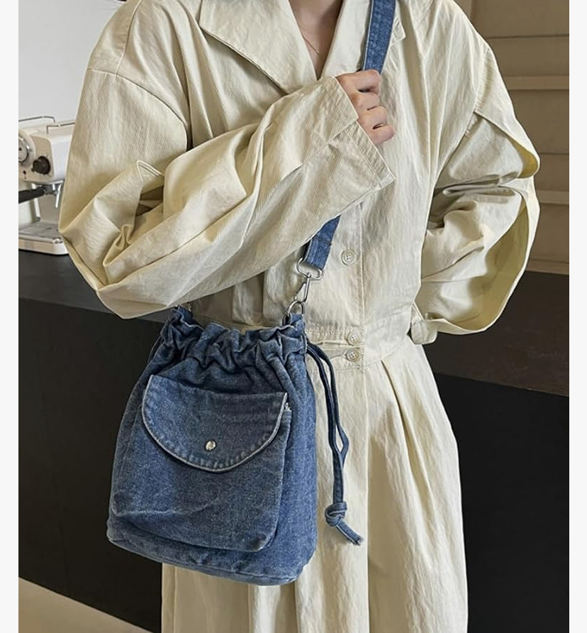 Cute Denim Drawstring Bucket Tote - 2 Denim Shades image