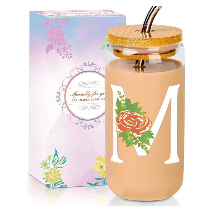 16oz Initial Glass Cup with Lid and Straw image