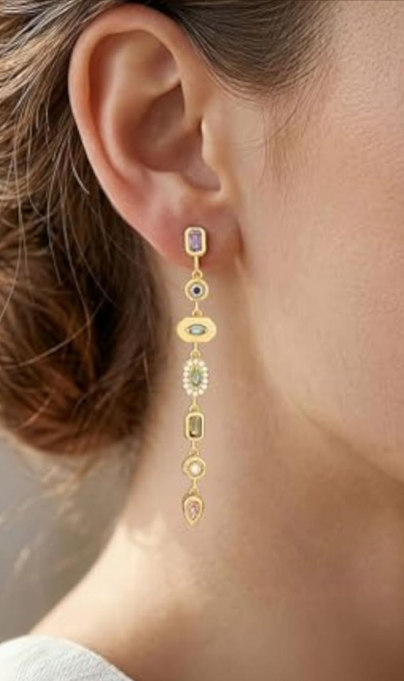 Colorful Gemstone 7 Stone Dangle Earrings - Gold Or Silver image
